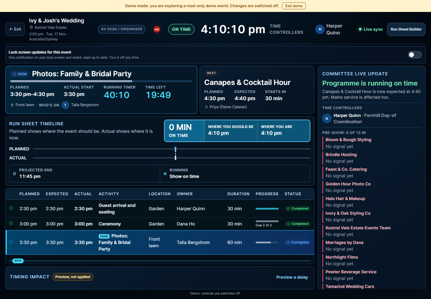 Real live run sheet interface showing event timing and production cues