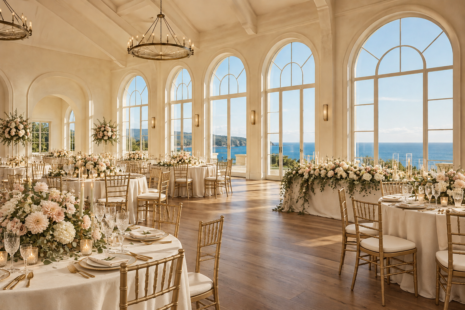 Illustrative garden wedding styling in an airy waterfront venue
